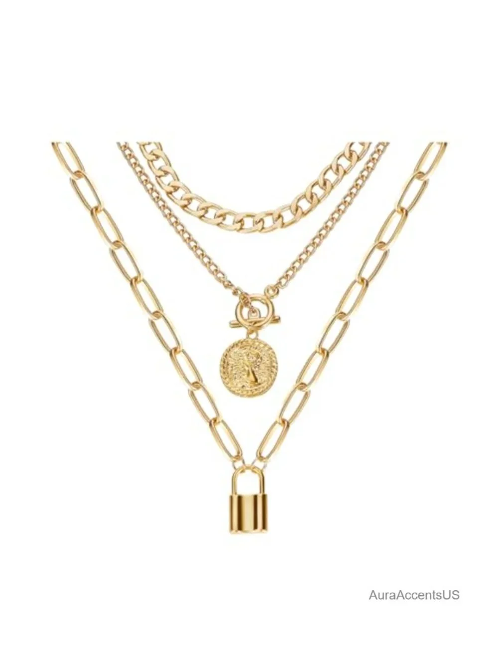 Layered Necklace Set for Women Chunky Gold Tone Coin Pendant Chain Necklace